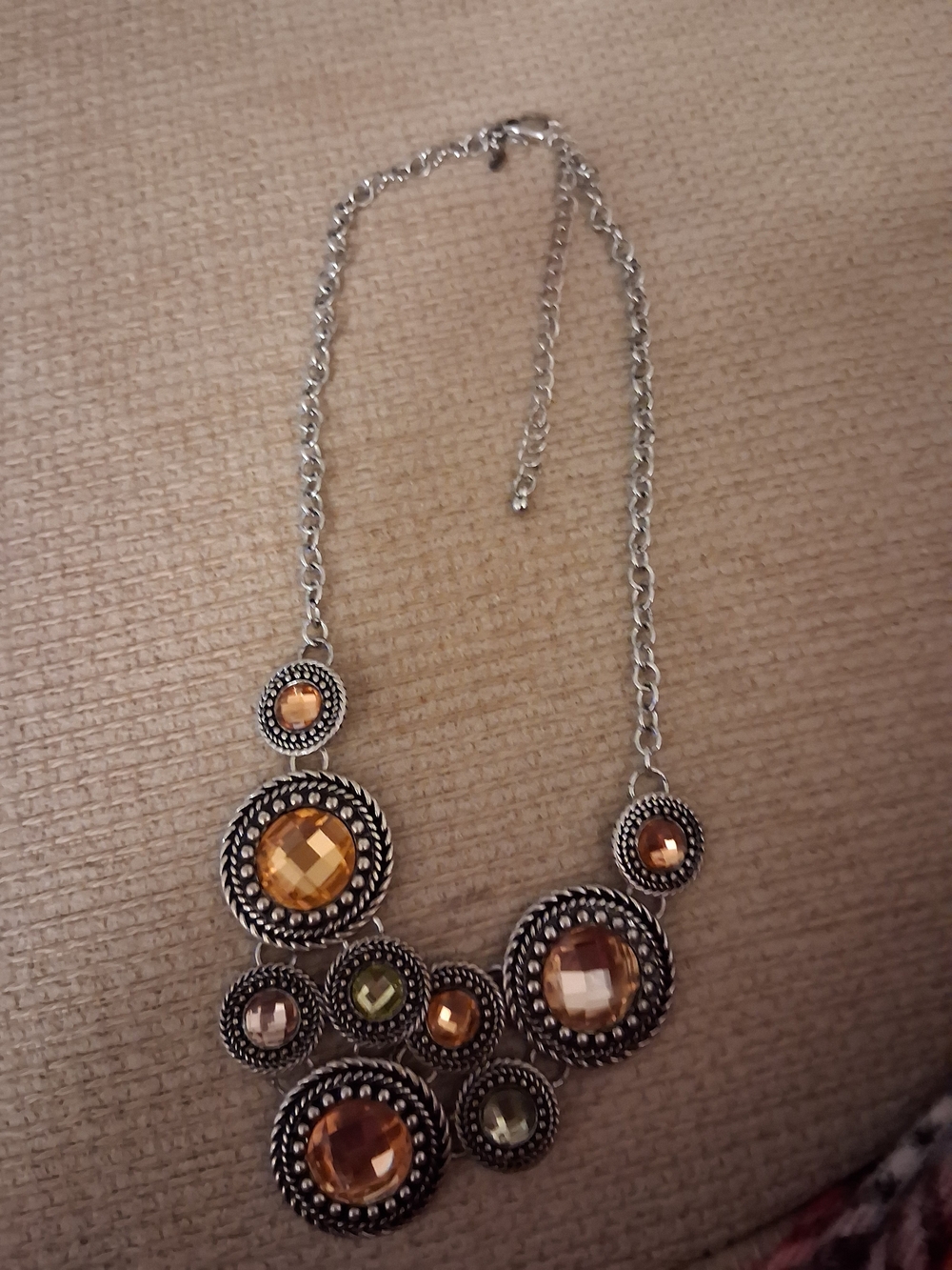 Silver-Tone Necklace with Amber and Olive Faceted Stones